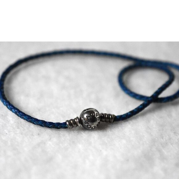 Pandora Blue Woven Leather Double Loop Band Sterling Silver Charm Bracelet - Picture 2 of 3